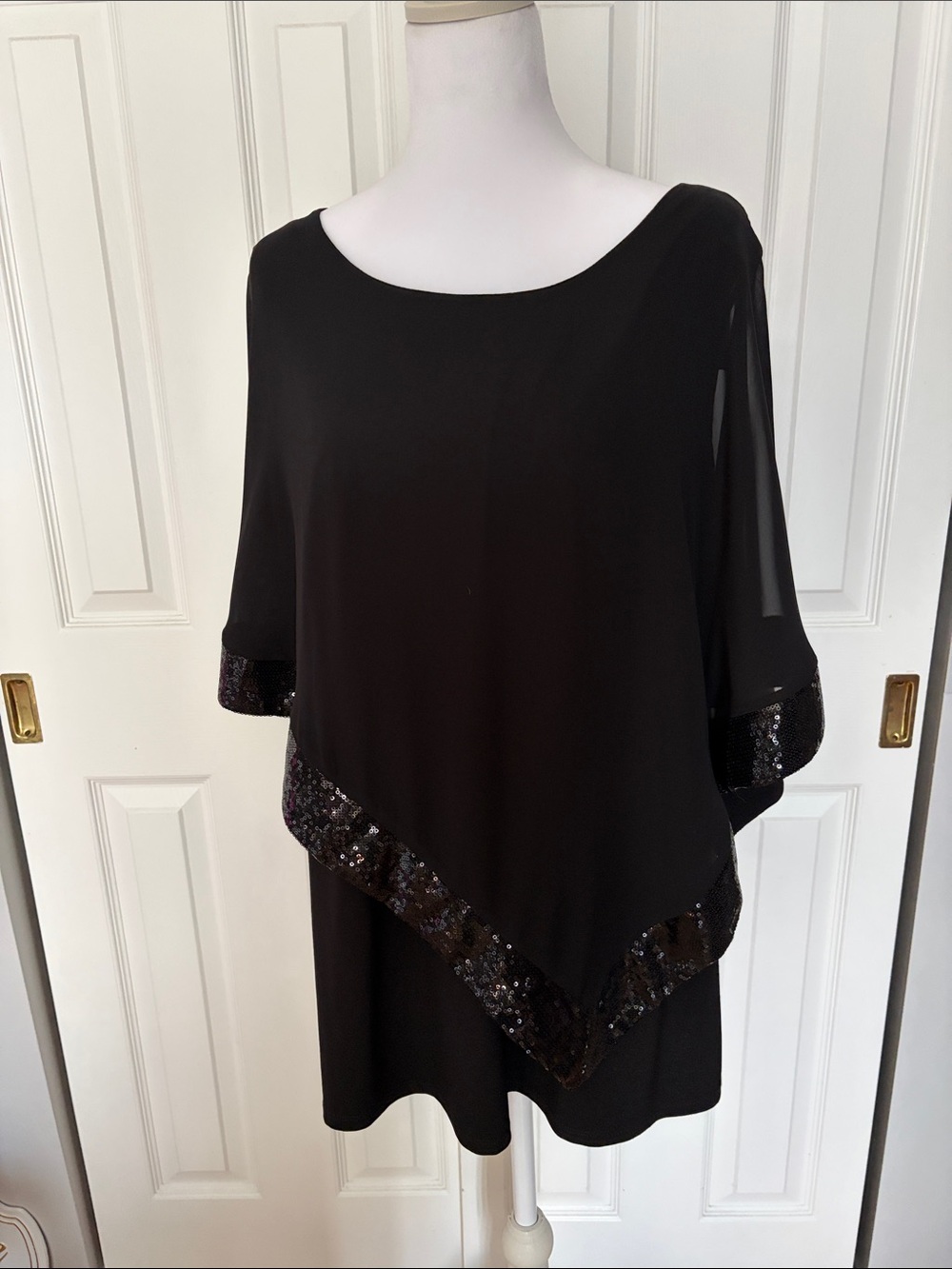 Black Sequin-Trim Poncho Style Blouse